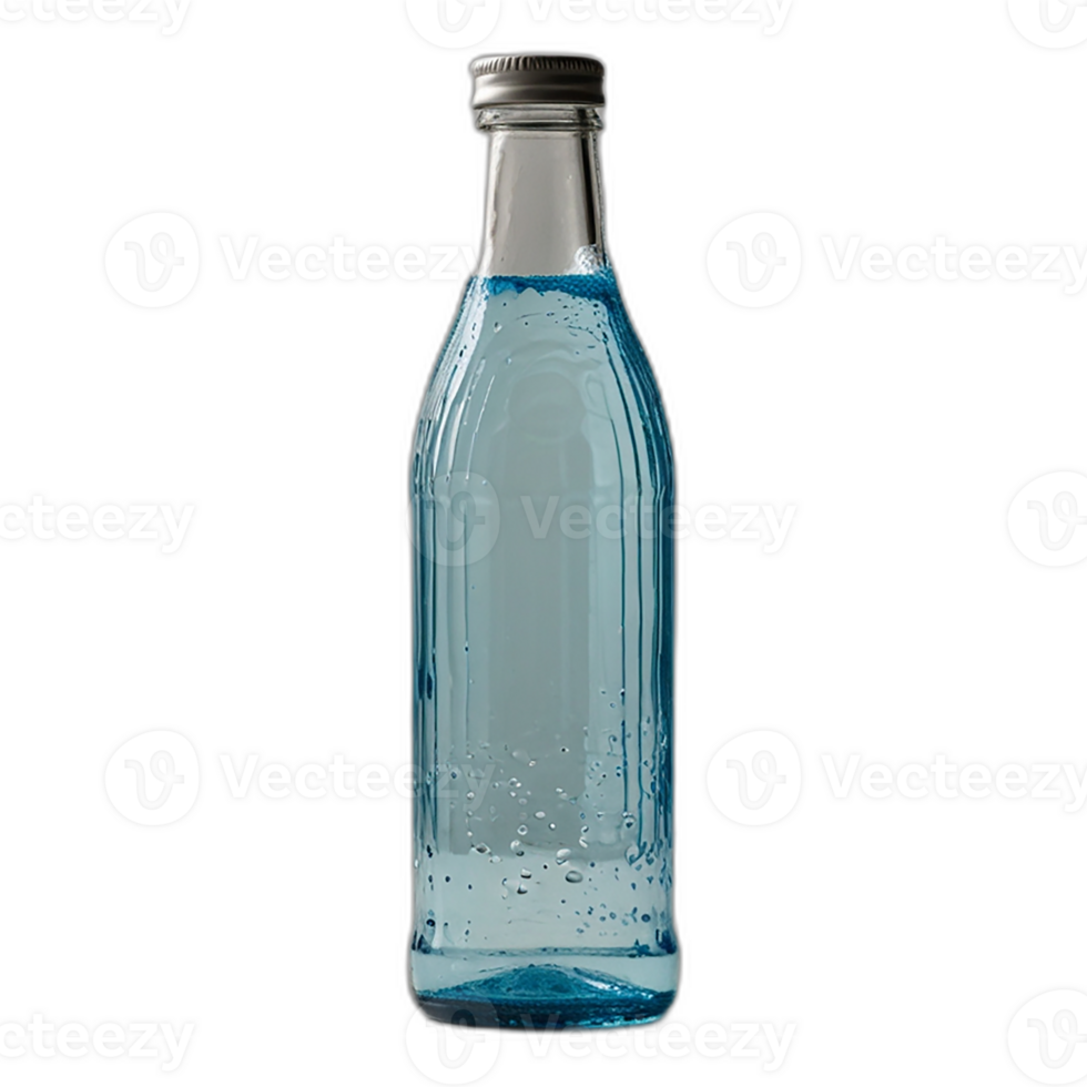 A pure glass bottle filled with light blue syrup png