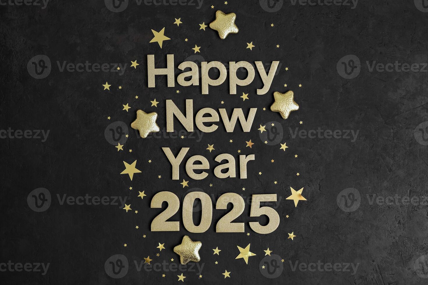 Golden letters Happy New Year 2025 with golden stars on a black background. New Year card photo