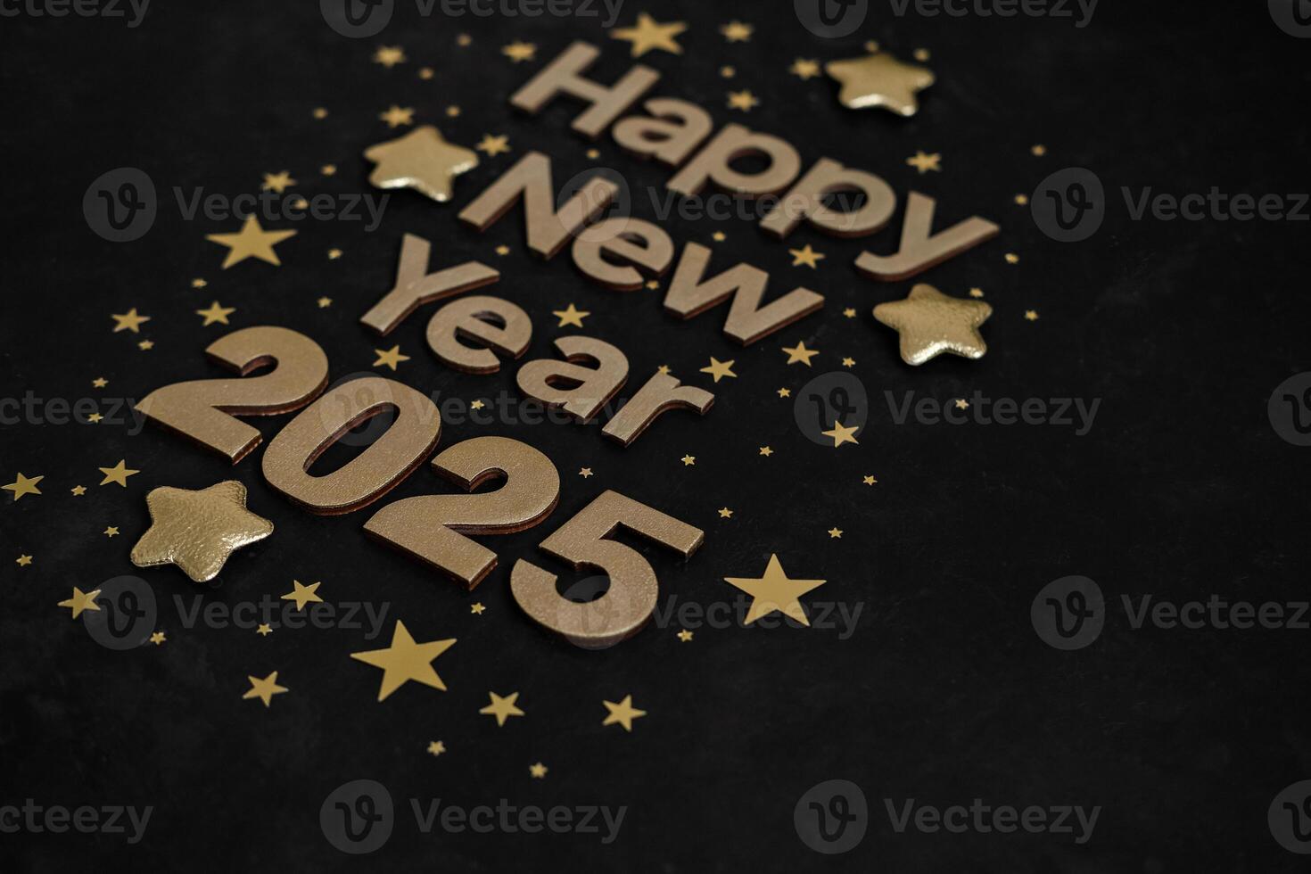Happy New Year 2025. Golden numbers 2025 with gold stars on a dark background. New Year greeting card photo
