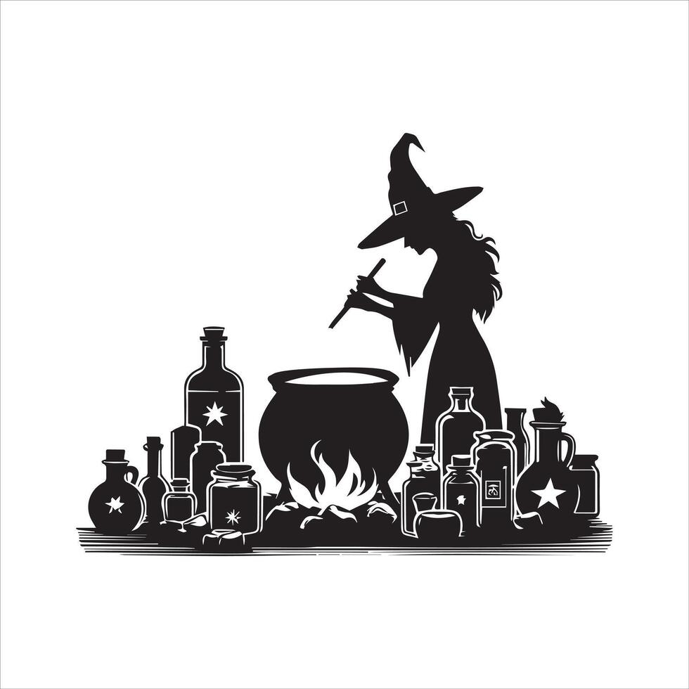 Mystical Witch Dark Magic Scene Silhouette vector