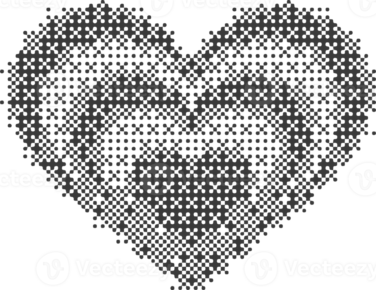 Pixel pattern heart. Bitmap dotted texture symbols of love. Retro design element with color gradation. Y2k grainy digits halftone shape. Valentine day grunge figures png