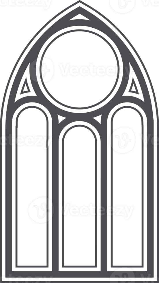Gothic church window. Cathedral stained glass arch. Frame with pattern. Element of catholic medieval architecture. Old vintage frame silhouette png