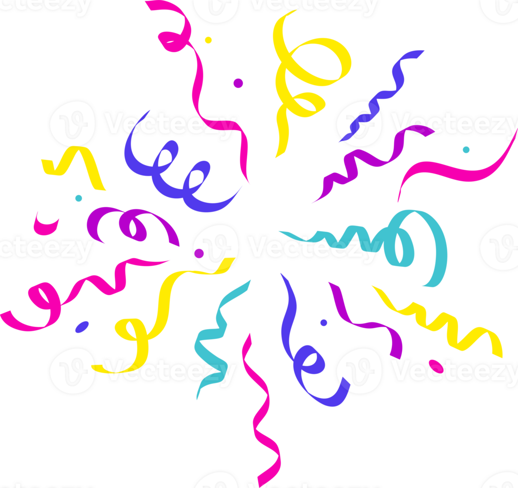 Confetti explosion. Radial elements for birthday party and carnival celebration. Falling colored serpentine and burst of firework for surprise and gift decoration png