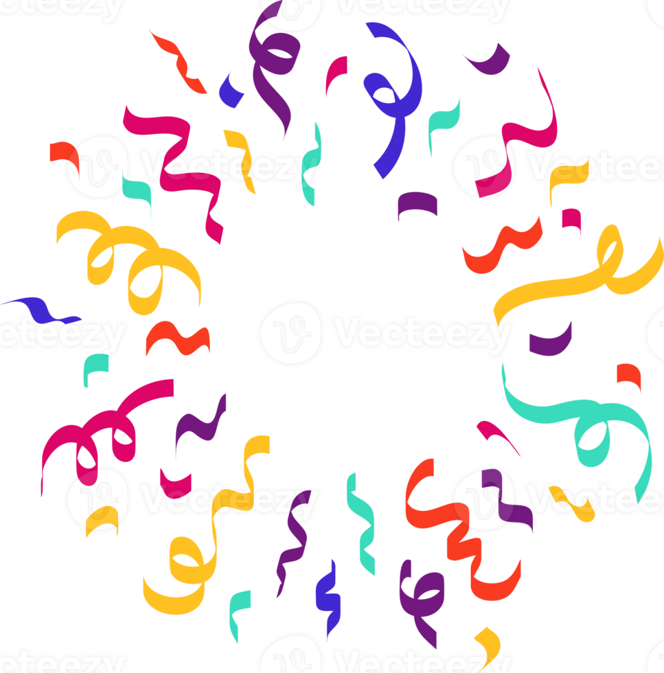 Confetti explosion. Colored elements for birthday party and carnival celebration. Falling serpentine and burst of firework for surprise and gift decoration png