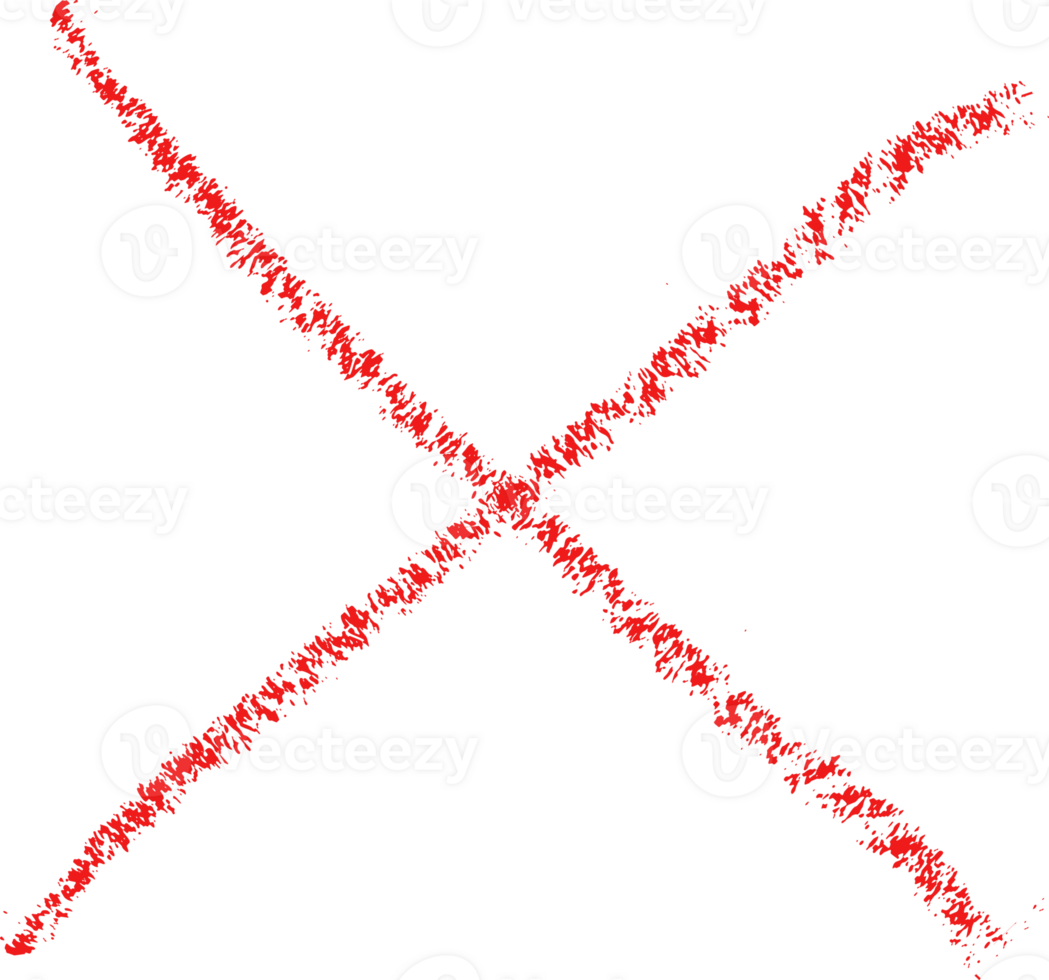 Red cross mark. Paint brushed crayon symbol of check. Hand drawn grunge sign of check, stamp of false and ban. Danger graffiti graphic logo png