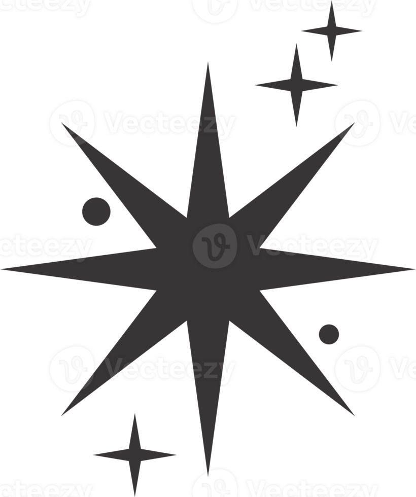 Star icon. Bling and sparkle shapes. Retro Y2K graphic design elements. Vintage twinkle starburst. Abstract simple 70s black Christmas symbol png