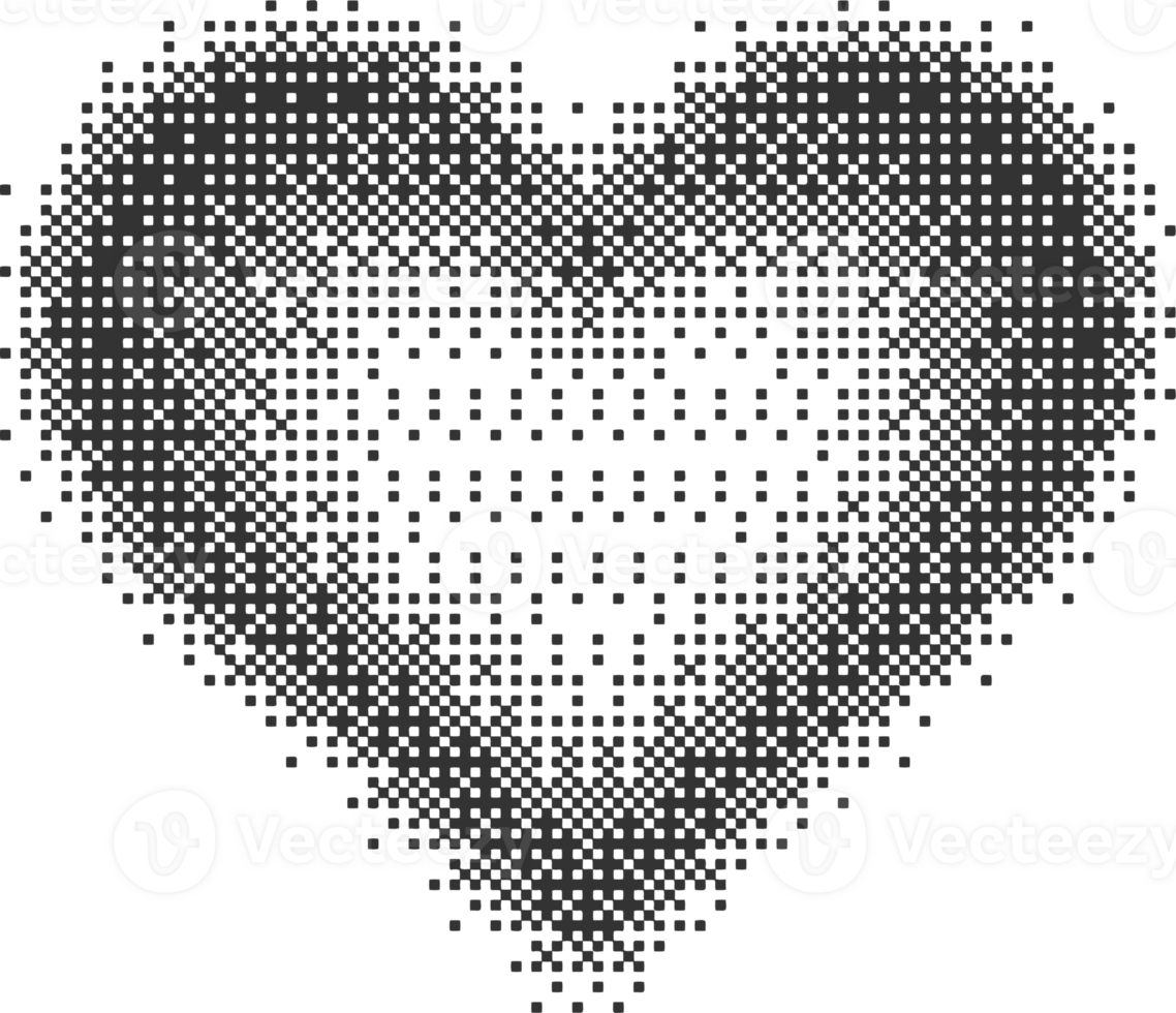 Bitmap pixel arcade game effect. Hearts y2k halftone pattern shape. Dither aesthetic gradient glow icon. 2000s design grainy illustration png