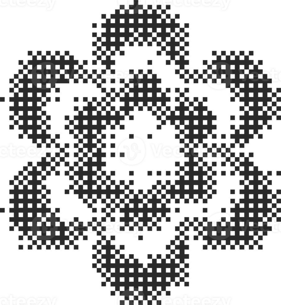 Pixel pattern shape. Textured flower with bitmap Y2k dither gradient. Retro star with old computer game graphic effect. Halftone grunge illustration png