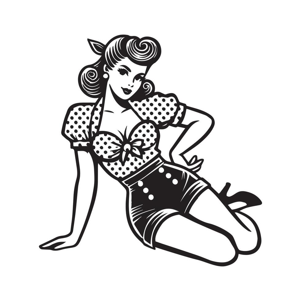 Timeless Fashion Woman Cute Girl Clipart in Black and White vector