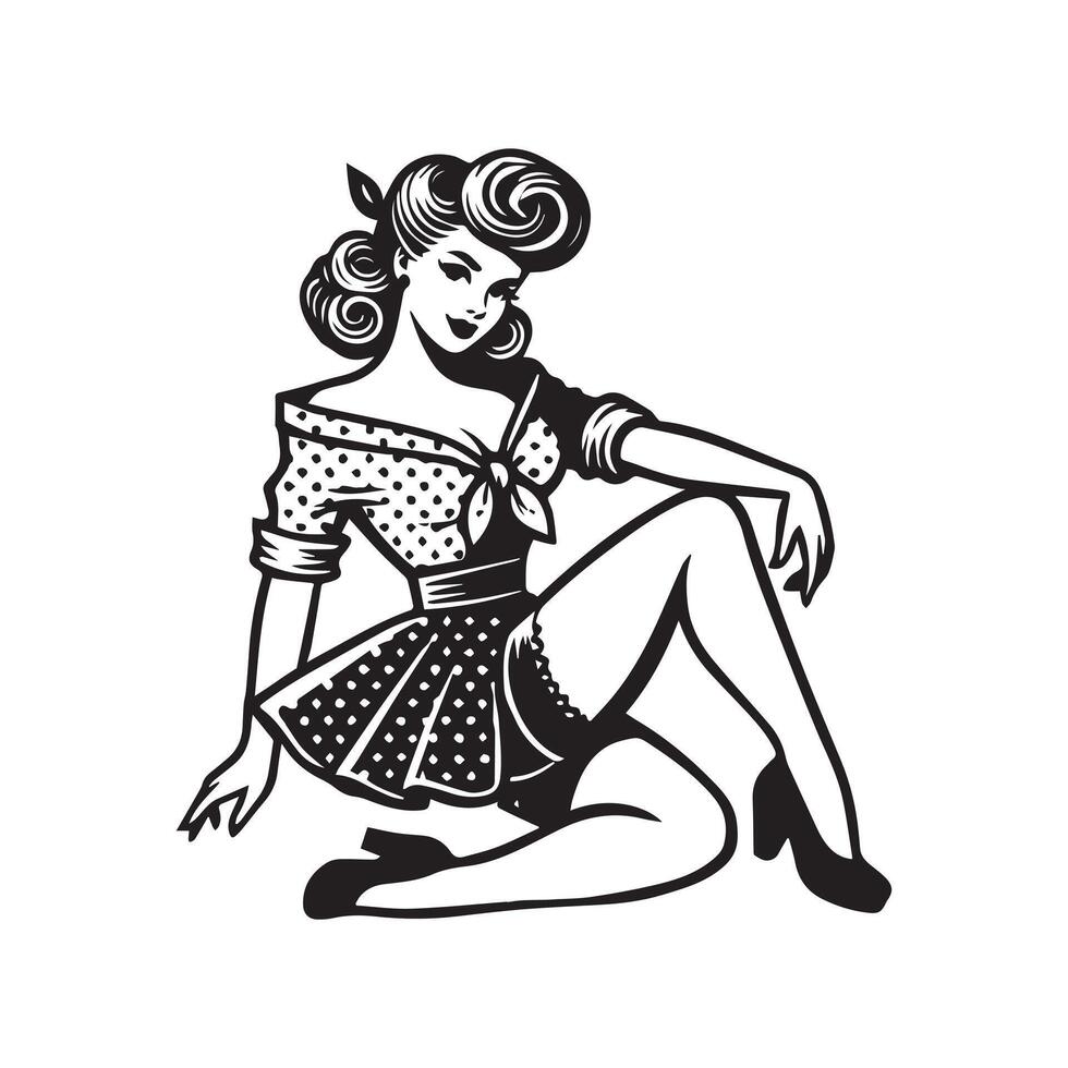 Black and White Fashion Illustration Cute Girl Clipart Design vector