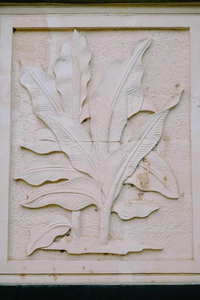 Bogor, November 9, 2024 Stone relief of tropical leaves with textured details in a rectangular frame photo