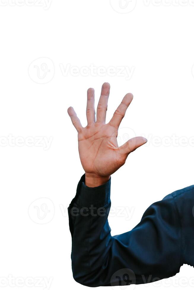 Hand showing four fingers, isolated on white background photo