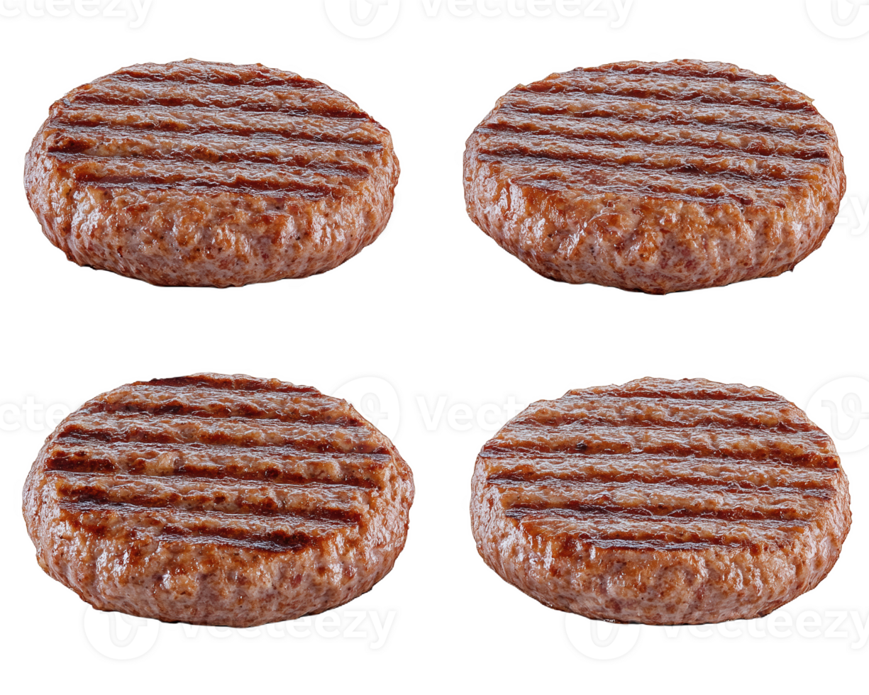 A delicious quartet of grilled circular burger patties ready for a backyard barbecue feast png