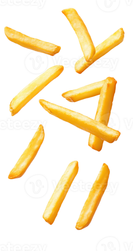 Falling golden fries create a playful, whimsical tableau crisp png