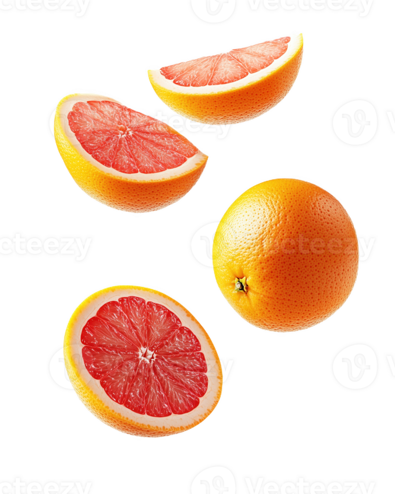 Slices of grapefruit elegantly falling through the air backdrop png