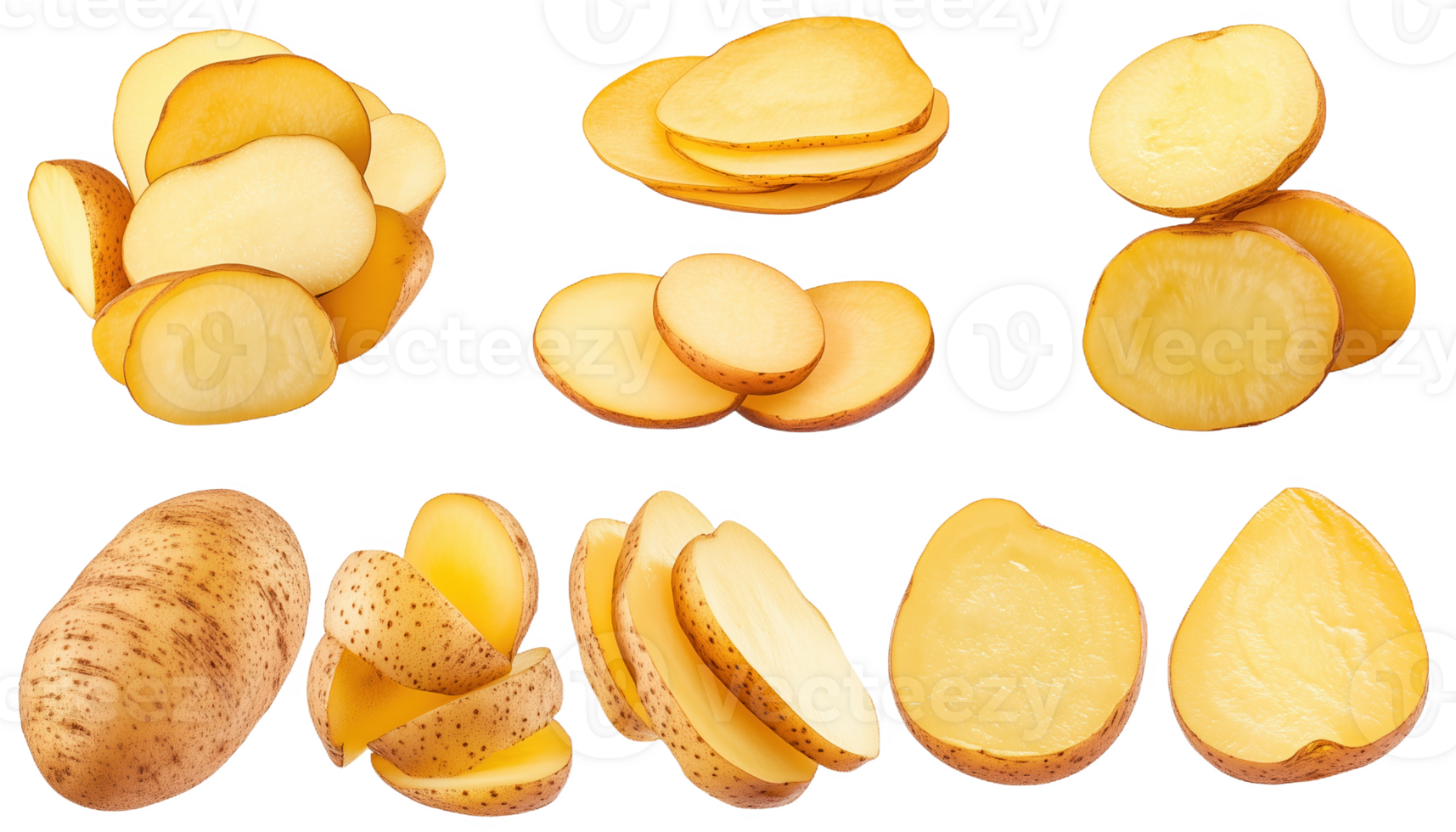 Colorful collecti of uniquely sliced potatoes showcasing diverse shapes and textures png