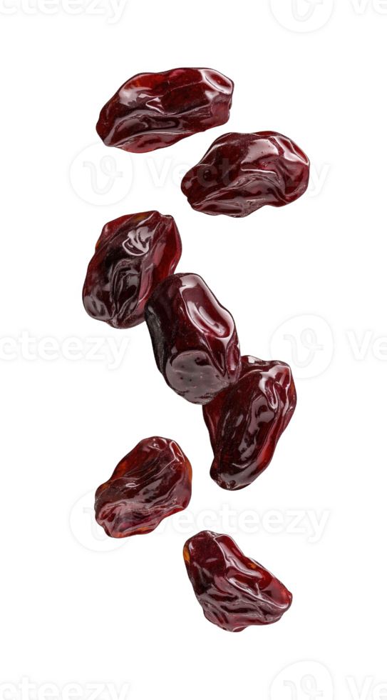 Dark red raisins float artfully in a pristine space png