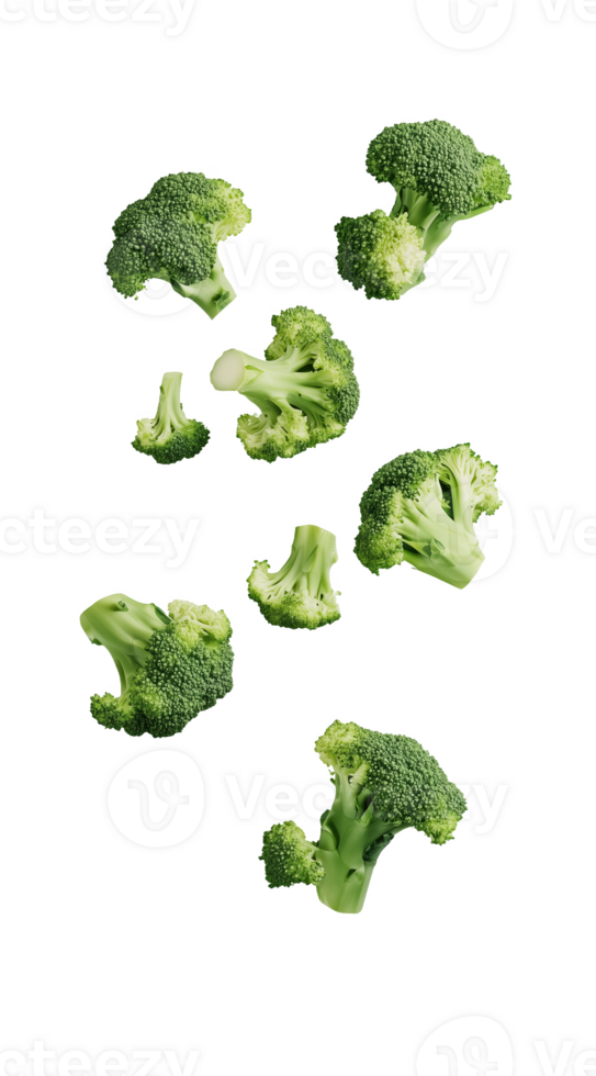 Floating broccoli florets suspended png