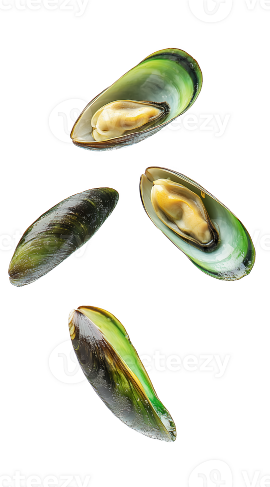 Floating green mussels in a serene display png