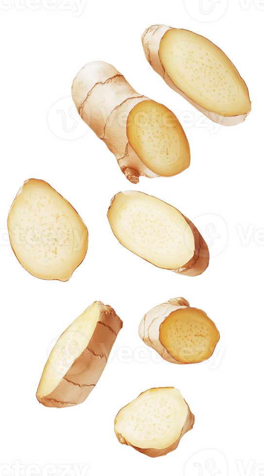Slices of ginger gracefully hovering in mid-air backdrop png