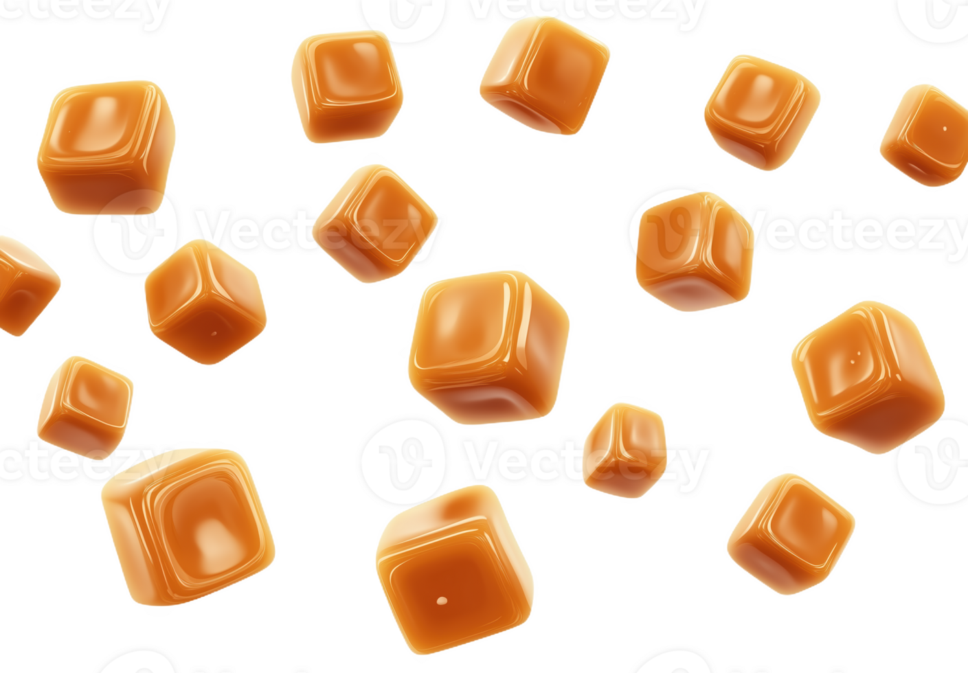 Floating caramel cubes creating a sweet and whimsical atmosphere in mid-air png