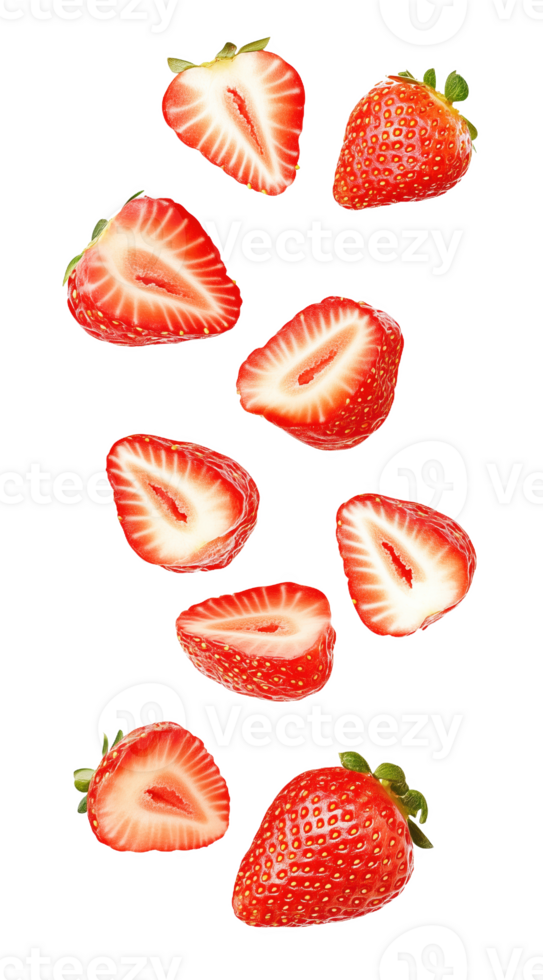 Delightful strawberry slices gracefully floating in pure space png