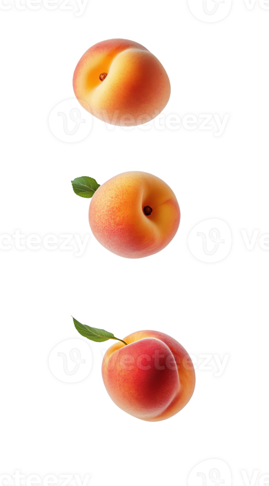 Three ripe peaches float elegantly serene png