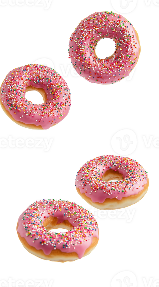 Colorful doughnuts with sprinkles playfully floating in the air png
