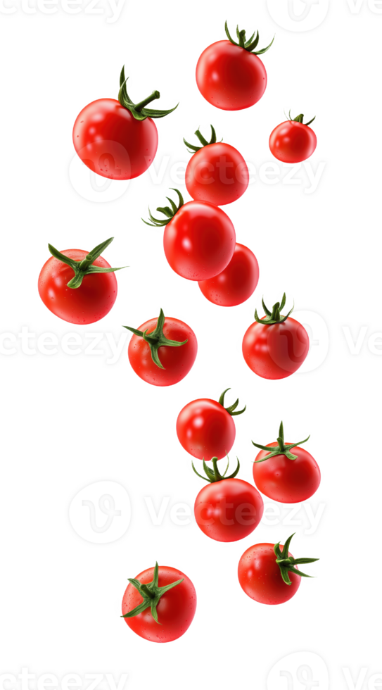 Fresh red tomatoes cascading gracefully in mid-air backdrop png