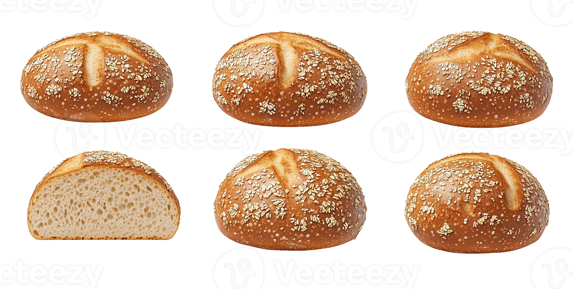 Artisan rolls with golden crust and grains displayed from multiple angles png