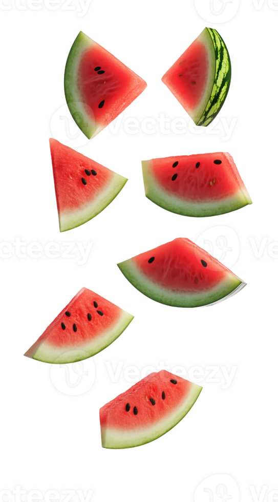 Slices of fresh watermel floating in the air minimalist png