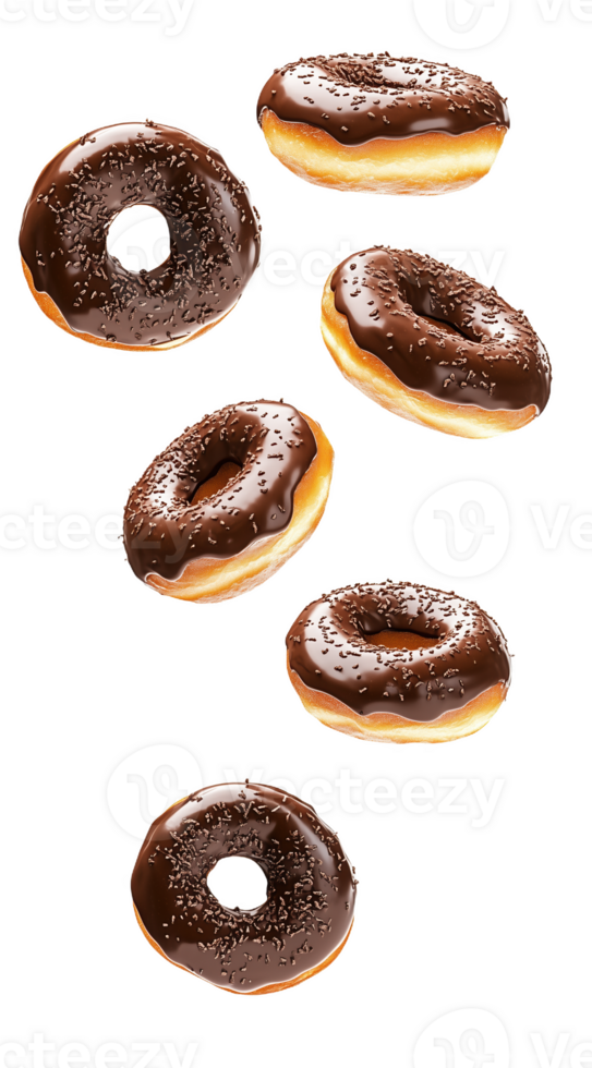 Delightful chocolate doughnuts joyfully floating in mid-air png