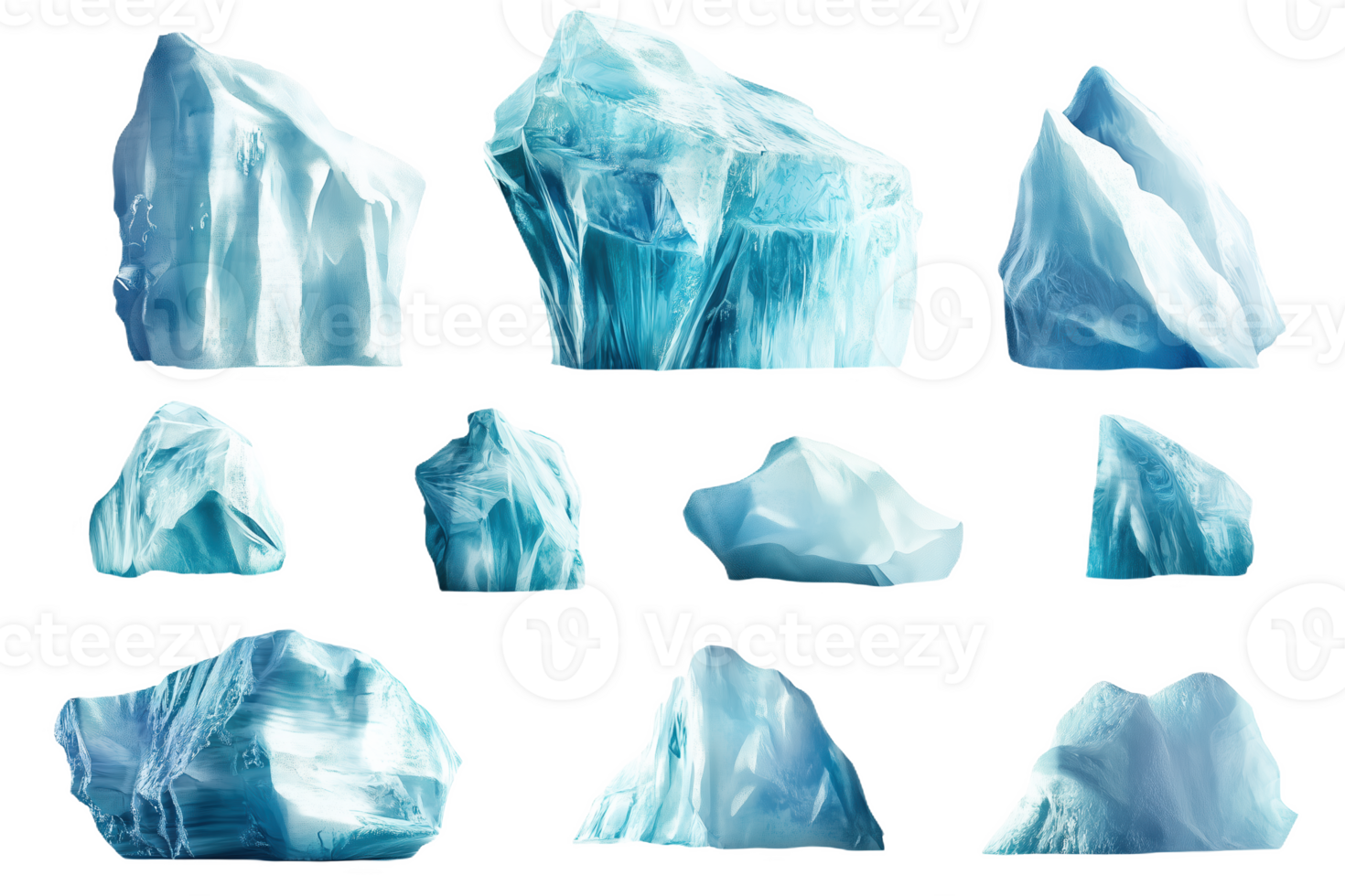 Various ice formatis of distinct shapes and sizes captured in bright light png