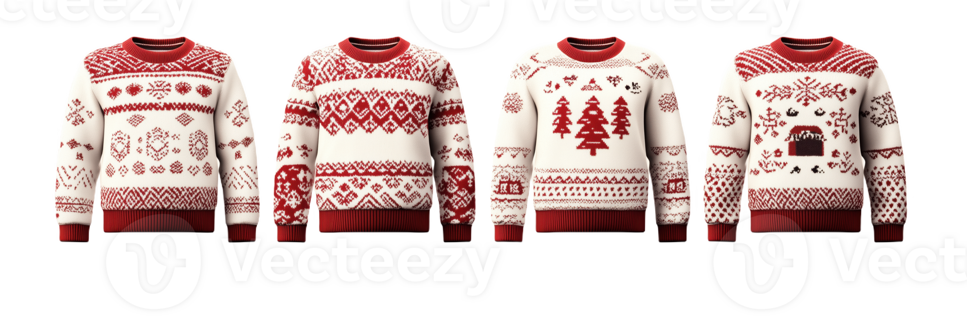 Collecti of cozy Christmas-patterned sweaters displayed neutral png