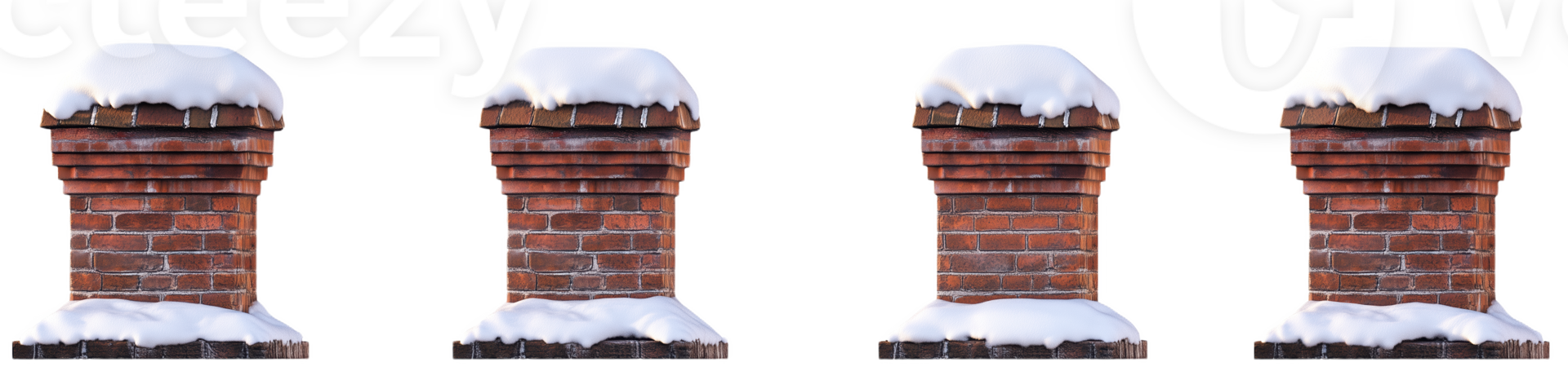 Four brick chimneys with snow top standing in a winter landscape png