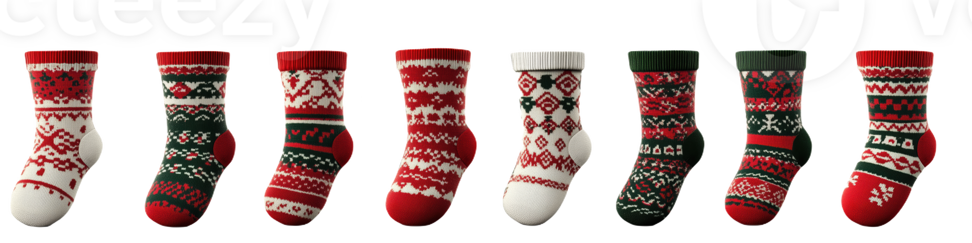 Various colorful Christmas socks featuring festive sweater patterns for holiday decor png