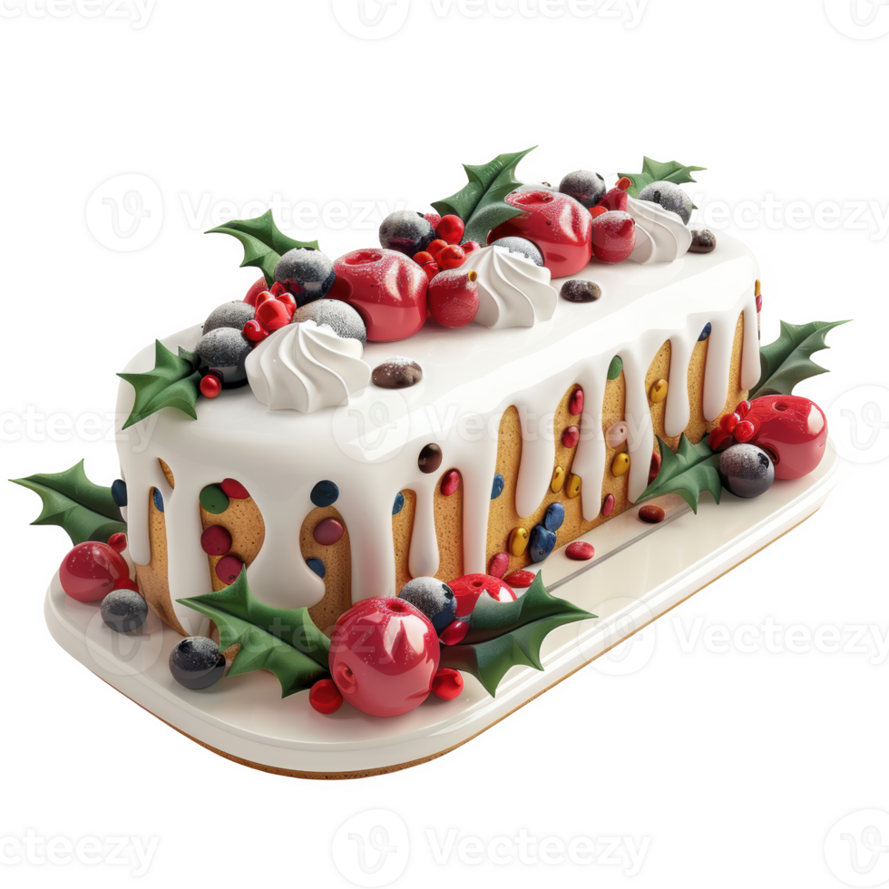 Delicious Christmas fruitcake with festive decorations on a white plate png