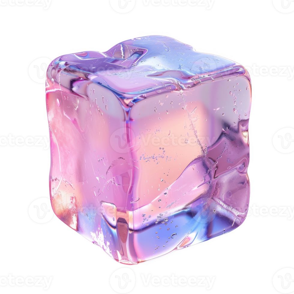Frosted ice cube glistening in vibrant colors on a white surface png