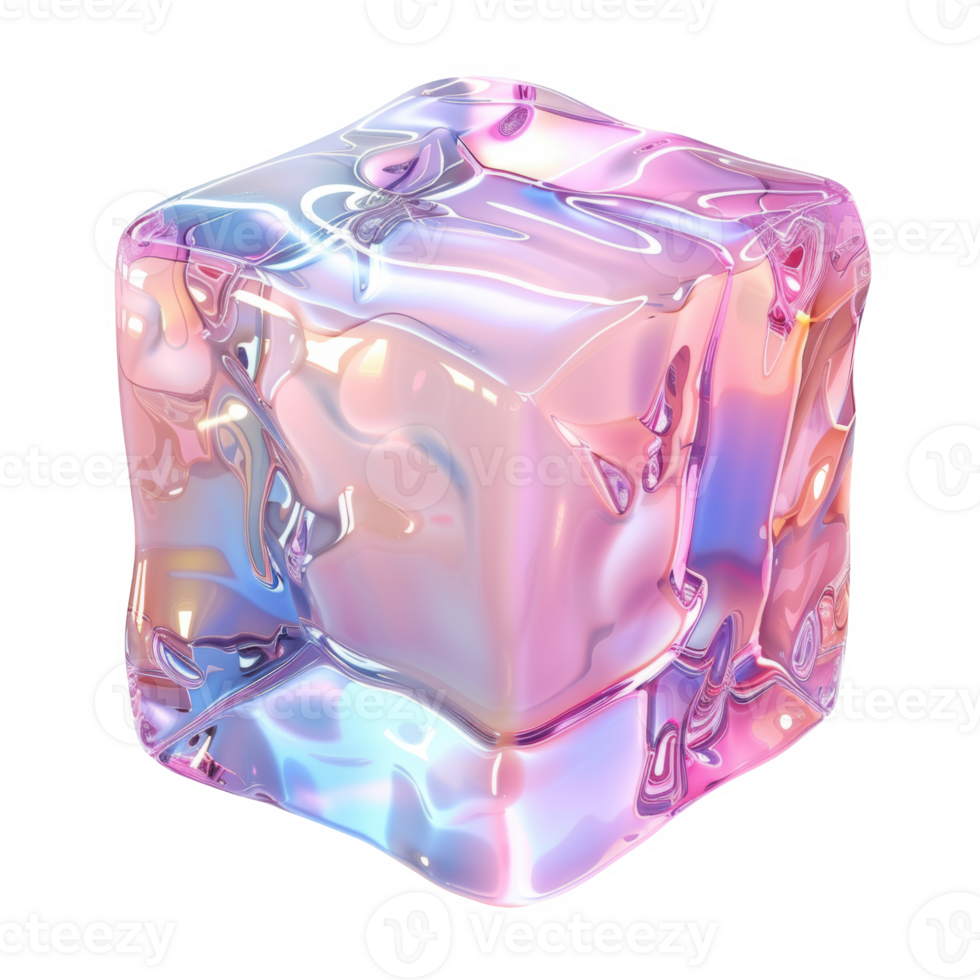 Ice cube shining with vibrant colors in a frosted appearance on a smooth surface png