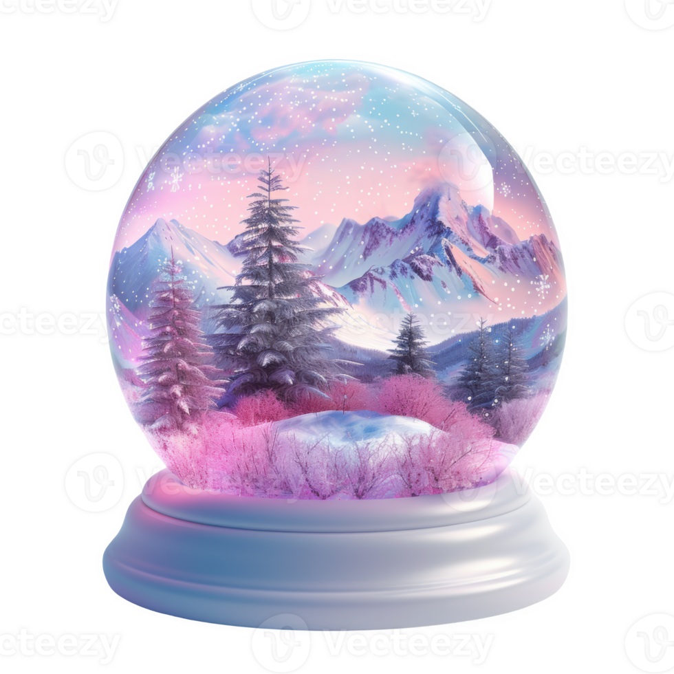 Charming snow globe featuring frosted mountains and vibrant snowy trees in winter png