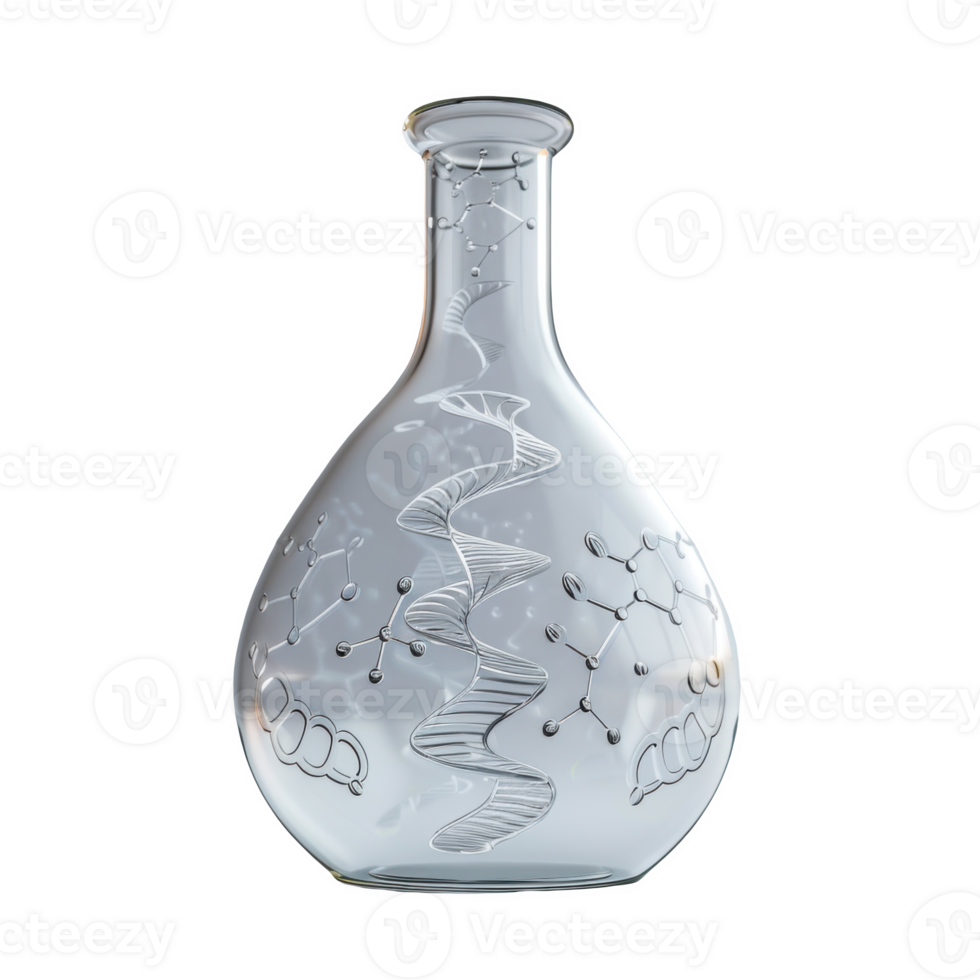 Frosted glass flask featuring intricate molecular designs on a well-lit table png