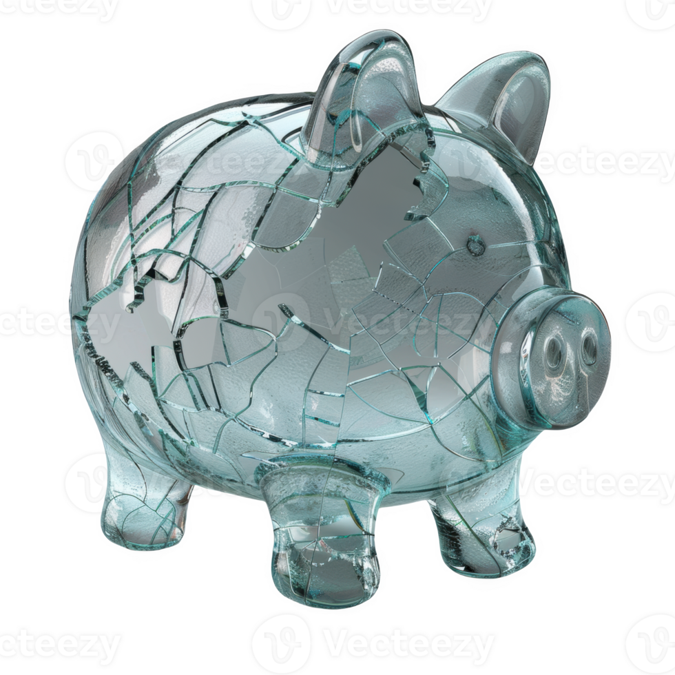 Frosted glass piggy bank shattered into pieces on a wooden surface in soft light png