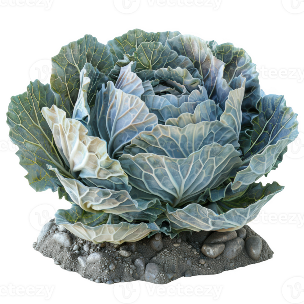 Frosted cabbage patch ready for harvest in a serene garden setting png