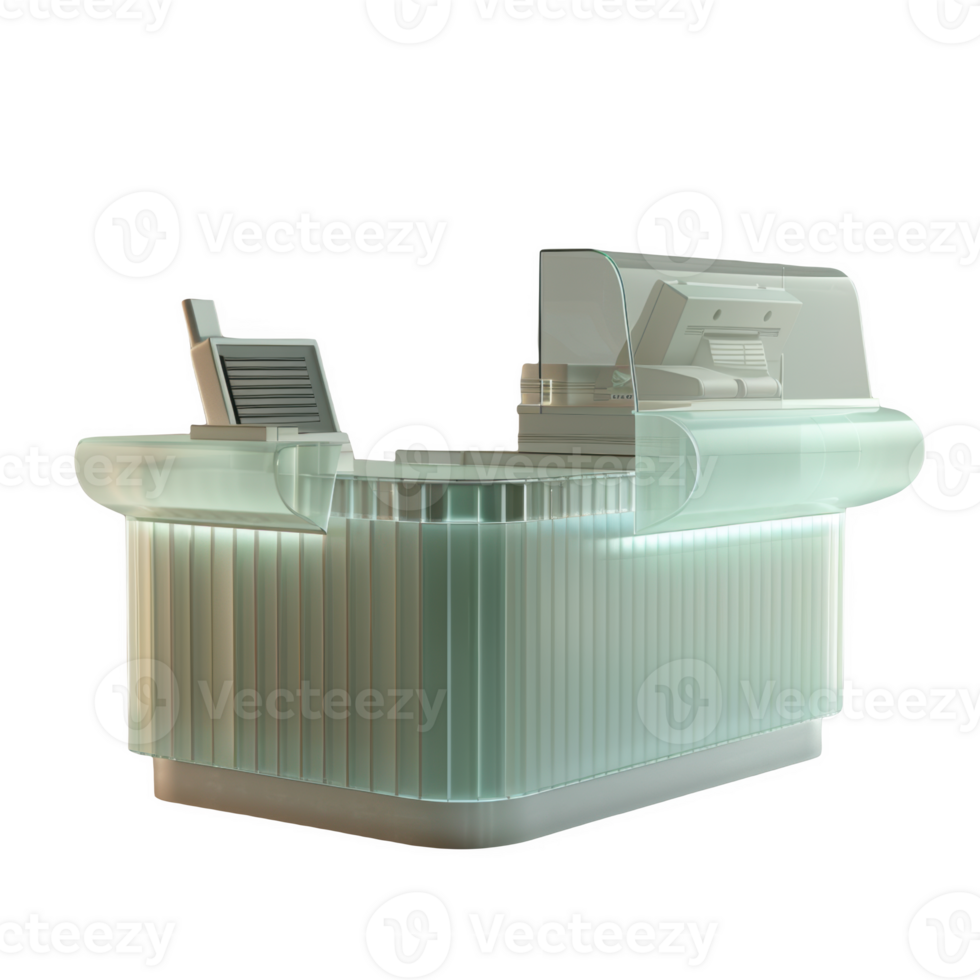 Frosted glass checkout counter with functional design and modern aesthetics png