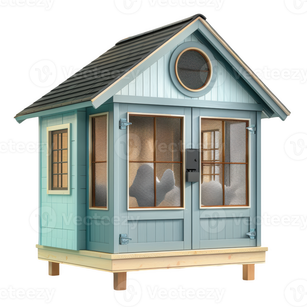 A secure and sturdy coop standing in a garden, perfect for small animals png