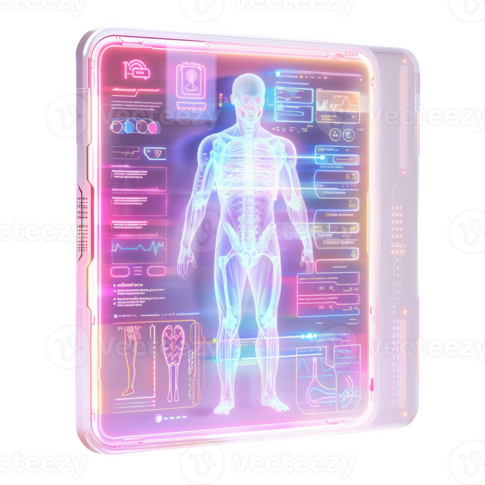 Frosted glass health monitor displaying detailed human body data analysis and metrics png