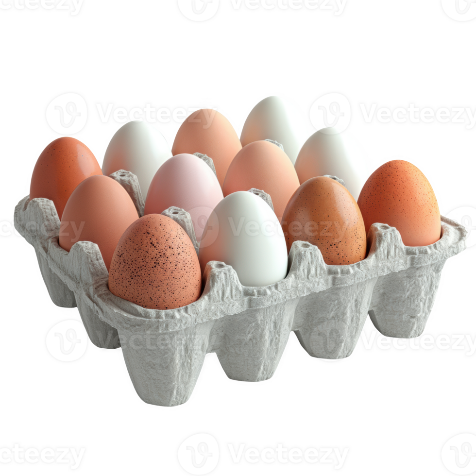 Carton filled with assorted eggs in a frosted setting on a kitchen countertop png