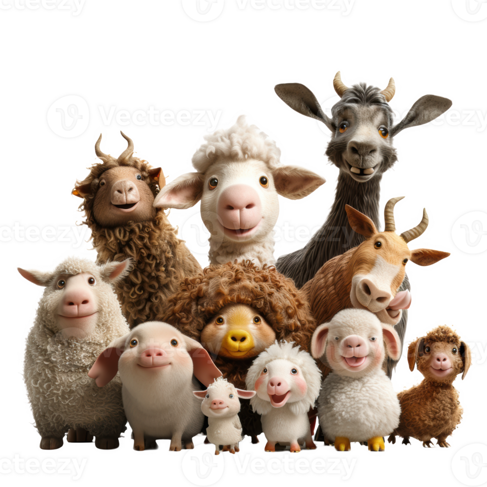 A lively gathering of farm animals standing together in a cheerful display png