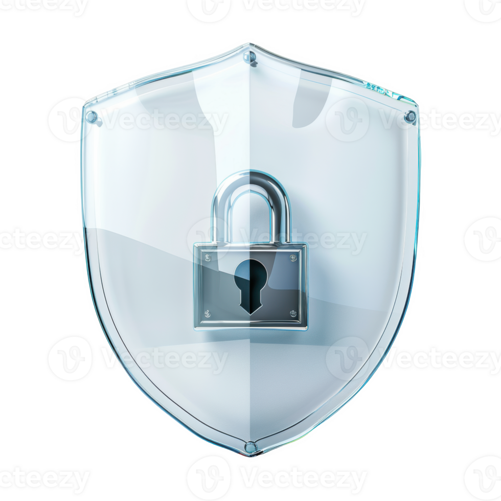 Frosted glass security shield with lock symbolizing protection and safety measures png