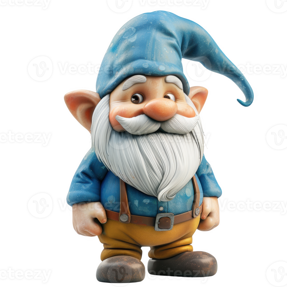 Whimsical garden gnome standing cheerfully in a colorful and vibrant garden setting png